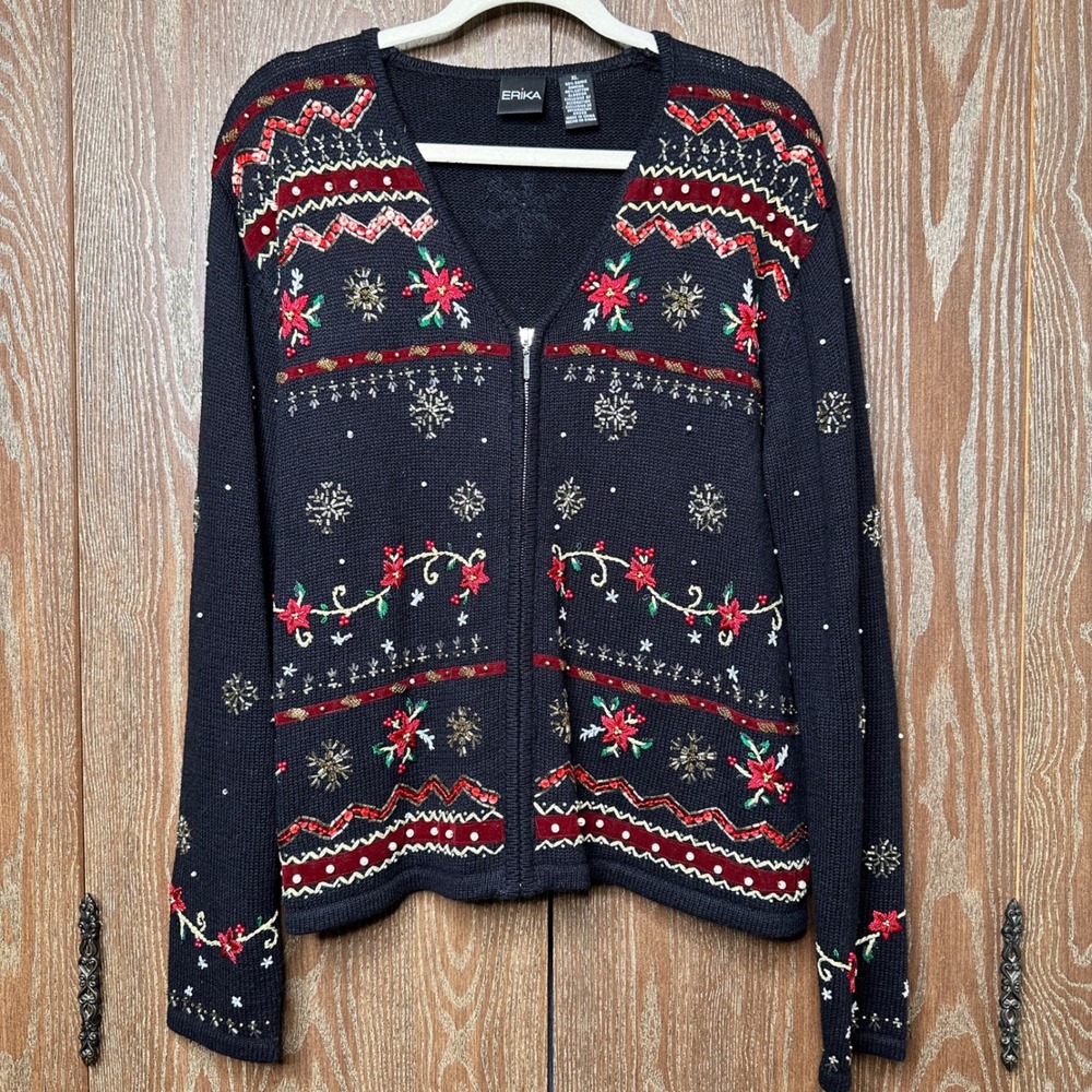 Vintage Women Christmas Cardigan Sweater XL Black Poinsettia Snowflake Zipper Up